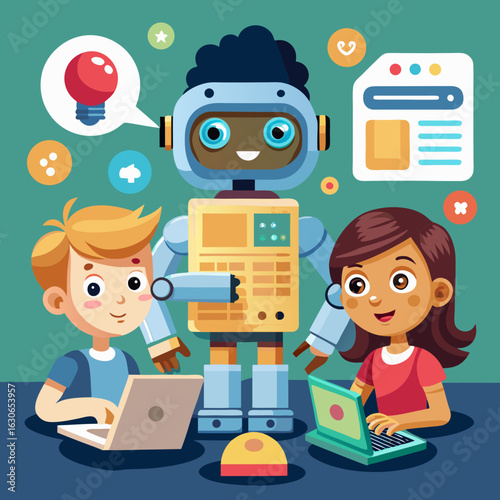 Children learning coding and robotics with a friendly robot and laptops