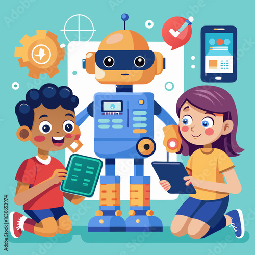Children building and programming a friendly robot together