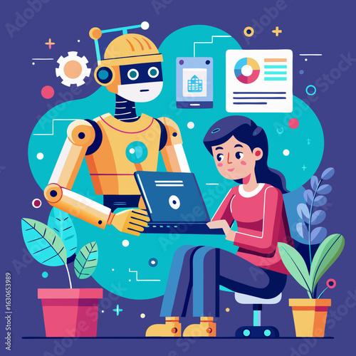 Woman and robot working together on a laptop with data visualization