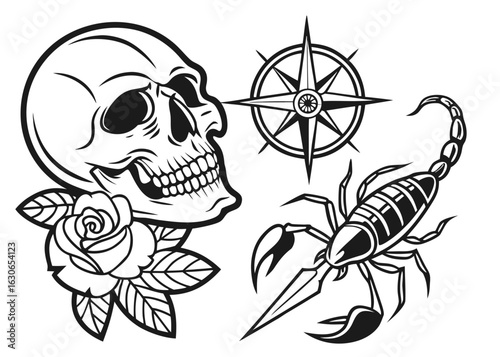 A bold vector illustration showcasing traditional tattoo elements featuring skull rose compass and scorpion designs