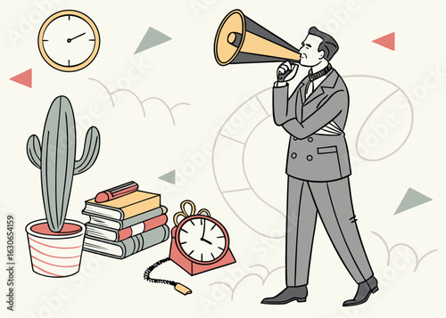 A businessman using a megaphone announcing information alongside clocks cactus books and geometric shapes in a vector illustration.