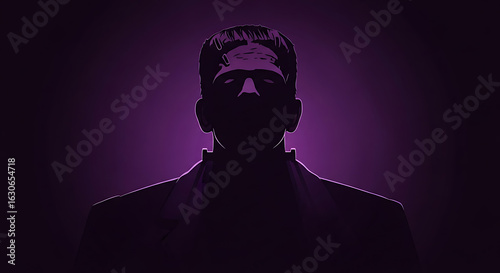 Silhouette of frankenstein's monster against a dark purple background with dramatic lighting