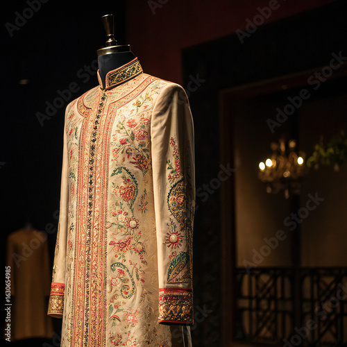 Embroidered sherwani on a mannequin with floral patterns and intricate detailing in a dark room setting
