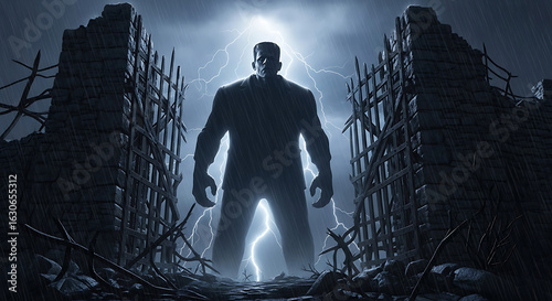 Silhouette of frankenstein monster standing at the gate with lightning in the dark night scene