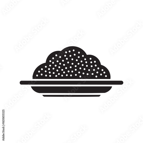 Simple black and white icon illustration of a mound of caviar served on a plate representing luxury food and delicacy