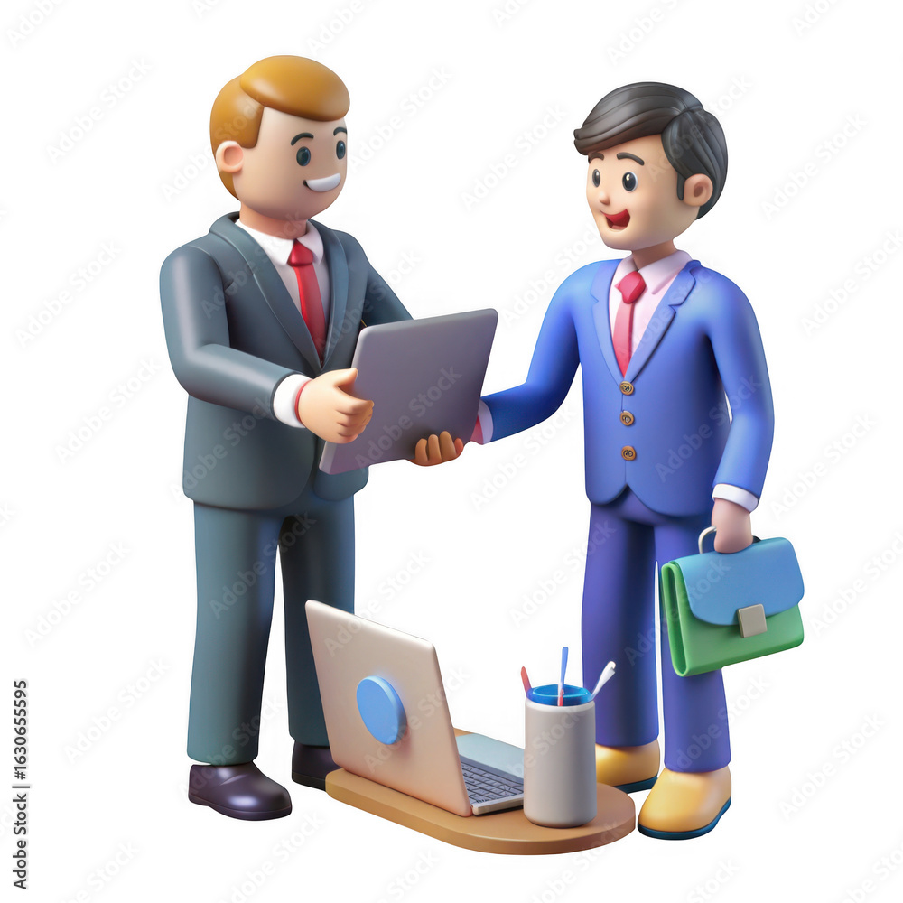Obraz premium Two businessmen shaking hands over a laptop isolated on transparent background