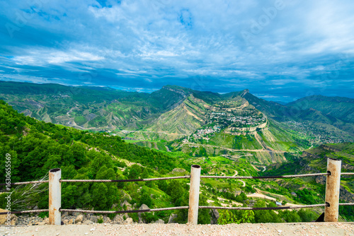 Mountain landscape of the village Gunib taken from a mountain road. Dagestan