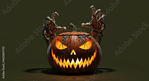 A spooky jack o lantern with glowing eyes and a scary grin with skeleton hands reaching out from behind