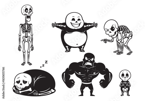 Cartoon skeletons in various poses and emotions illustration