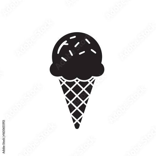 Simple black and white silhouette illustration of a single scoop ice cream cone with sprinkles