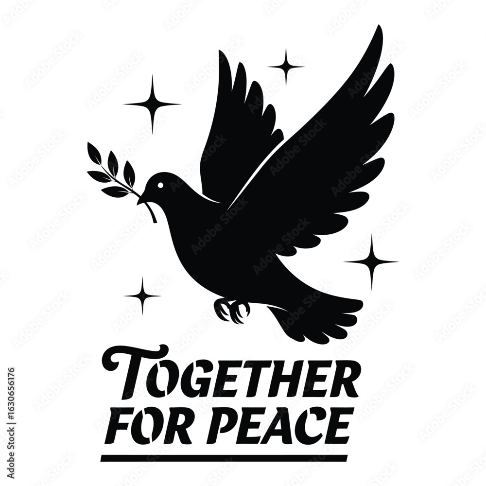 Fototapeta premium Silhouette black vector vector art of dove with olive branch and text together for peace isolated on white