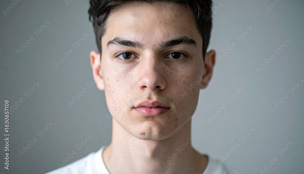 Naklejka premium Young man with natural, imperfect skin looking at camera indoors, skincare realism.
