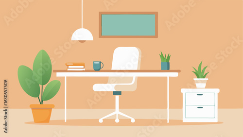A minimalistic workspace with a light wood desk a white swivel chair and a few decorative plants.