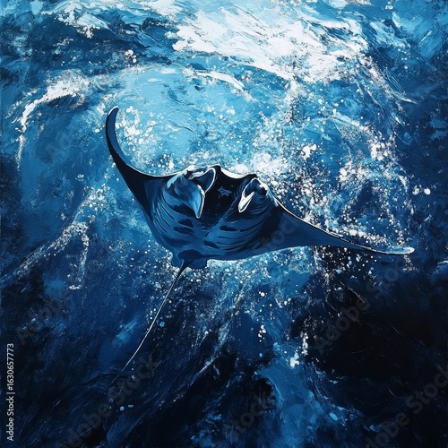 A blue and white painting of a stingray