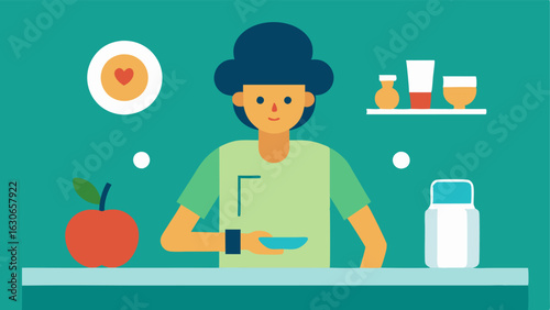 Calorie Tracker A person cooking in the kitchen with a device on their wrist displaying calorie intake and a food icon giving visual statistics as they prepare a healthy meal.