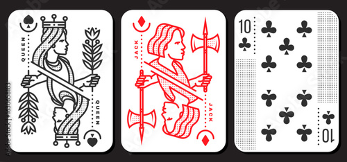 Set of playing card 10, queen, jack. Vector illustration. Esoteric, magic Royal playing card 10, queen, jack design collection. Line art minimalist style