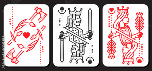 Set of playing card king, queen, ace. Vector illustration. Esoteric, magic Royal playing card king, queen, ace design collection. Line art minimalist style