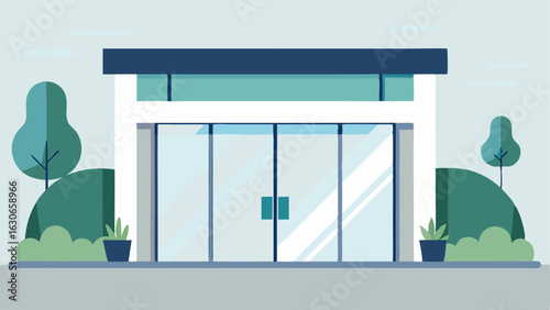 Exterior View A minimalist building facade with large glass windows showcasing an inviting entrance with automated sliding doors and lush greenery surrounding the clinic.