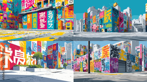 Vibrant graffiti street art covering urban buildings in a colorful cityscape, showcasing bold characters, signage, and pop-style murals in Asian city architecture.

