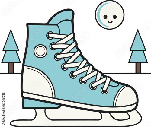 Vector art of cute blue ice skate with a smiling sun and trees