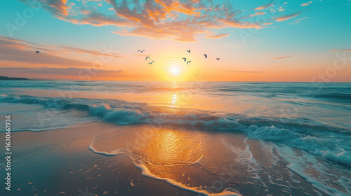 Tranquil beach scene with a vibrant sunrise, gentle waves, and birds flying across the sky, creating a serene seascape.
