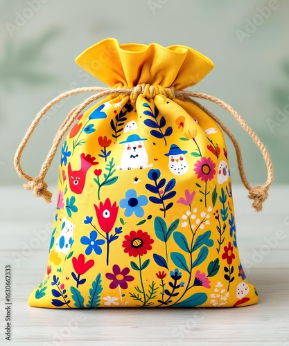 Vibrant yellow drawstring pouch with floral and cartoon animal pattern on wooden table