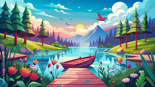 Crisp air carries birdsong over mirror-like water. Wooden dock stretches from wildflowers. A red boat floats quietly. Pine forests frame the scene. Sunlight glows through soft, delicate clouds above.