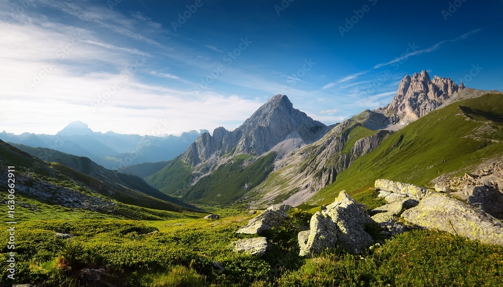 Fototapeta premium travel inspiration adventure cinematic concept majestic mountain range under a clear sky surrounded by lush greenery and rocky terrain