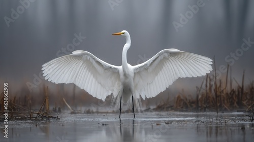   A majestic white bird, perched on a water's edge, displays its wingspan in the reflective surface