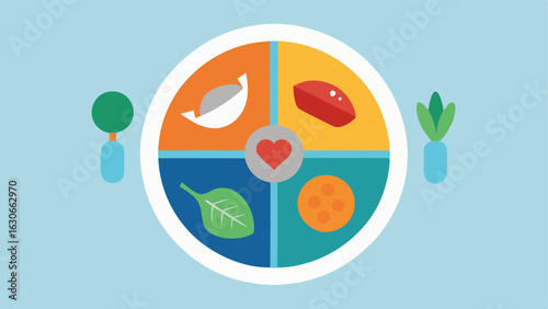 Balanced Meal Plate An illustration of a colorful plate with healthy foods labeled with specific biomarker benefits e.g. Omega3 for Heart Health.