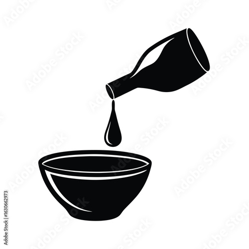 Bottle pouring liquid drop into bowl cooking food preparation silhouette vector illustration