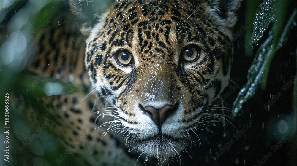Obraz premium A close-up of a leopard's face through tree branches with water droplets