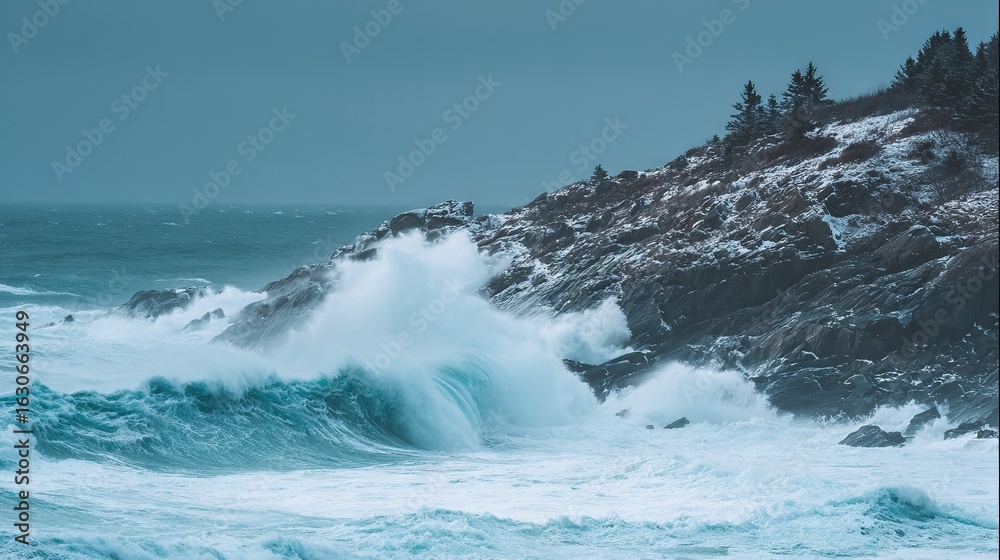 Obraz premium Crashing wave onto rocky shore with pine-topped hill behind