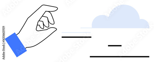 Hand making a pinching gesture near a cloud design above horizontal lines, conveying digital data, interaction, and minimalism. Ideal for innovation, cloud computing, technology, creativity, data