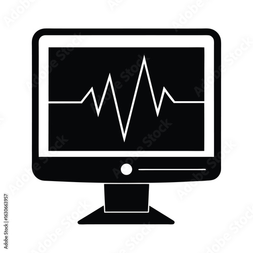 Computer monitor heartbeat pulse waveform medical screen technology silhouette vector illustration