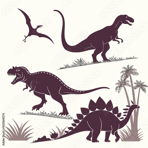 Silhouettes of various dinosaurs in different poses against a plain background highlighting prehistoric species diversity

