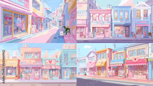 Charming pastel-colored illustration of a city street lined with adorable shops and cafes, ideal for a cute neighborhood or shopping district scene.

