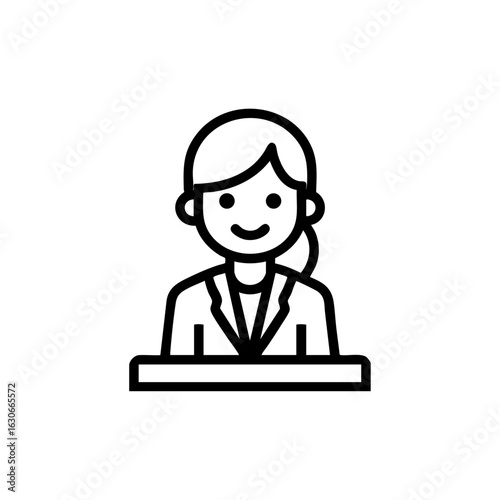 Outline icon of a female receptionist sitting at a desk, symbolizing customer service and office support roles.

