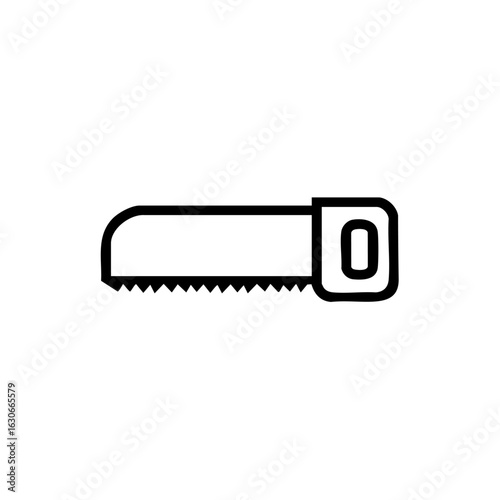 Outline icon of a hand saw tool, symbolizing manual cutting equipment for woodworking and construction tasks.

