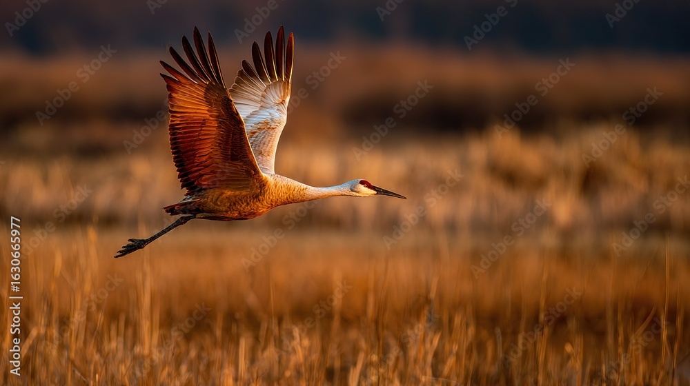 Fototapeta premium Flying bird over tall grass field, wings spread wide