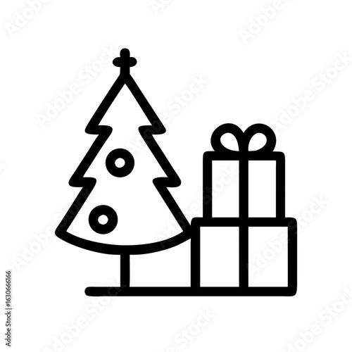 Christmas tree and gifts in a black outline