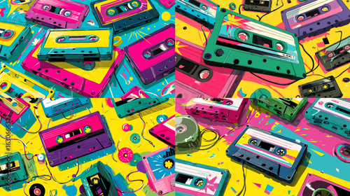 Bright and vibrant retro cassette tape illustration with bold neon colors, perfect for nostalgic 80s or 90s themed music and vintage pop culture designs.

