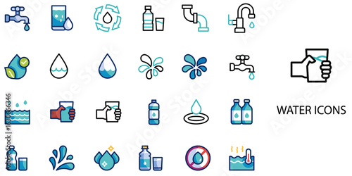 Water simple concept 24 color icons set .Vector illustration.	