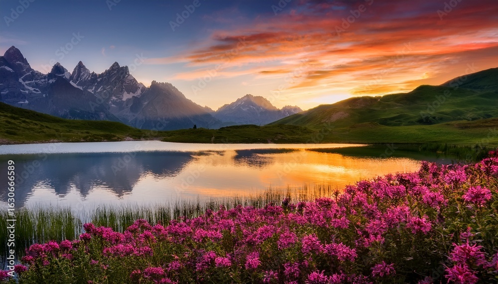 Fototapeta premium serene lake and mountain vista a stunning vista unfolds before the viewer with a picturesque lake reflecting the vivid colors of a sunset sky framed by majestic mountains and lush floral landscape
