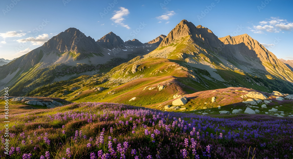 Fototapeta premium Majestic Mountain Landscape with Vibrant Lavender Field Under Blue Sky for Travel and Nature Enthusiasts
