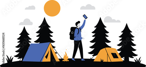 Digital Adventure Vector Illustration, Camper Taking a Selfie with a Smartphone, Social Media and Technology in Nature, Outdoor Lifestyle and Flat Design Graphic.