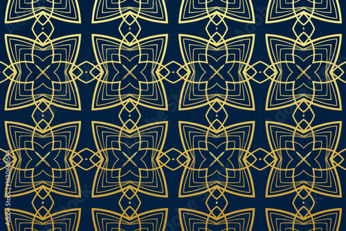 Ethnic blue background, tribal design cover, banner, wallpaper. Geometric decorative pattern, gold texture. Classic ornaments, arabesques, mandala of the East, Asia, India, Mexico, Aztec, Peru.