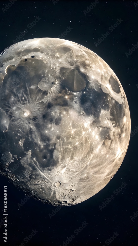 Fototapeta premium Detailed Close Up View Of Full Moon Surface With Craters And Shadows Against Dark Night Sky Representing Space Astronomy And Mystery