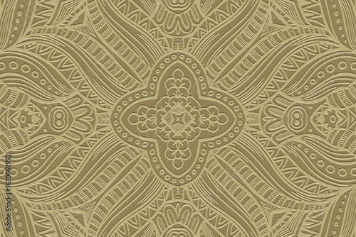 Ethnic beige background, banner, tribal cover design, mural. Geometric embossed extravagant boho pattern. Handmade in the style of doodling, zentangle. Ornaments of the East, Asia, India, Mexico
