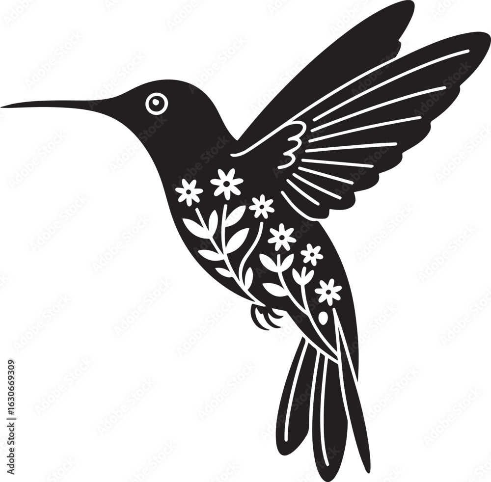 Obraz premium Black hummingbird with floral body and detailed wings white vector